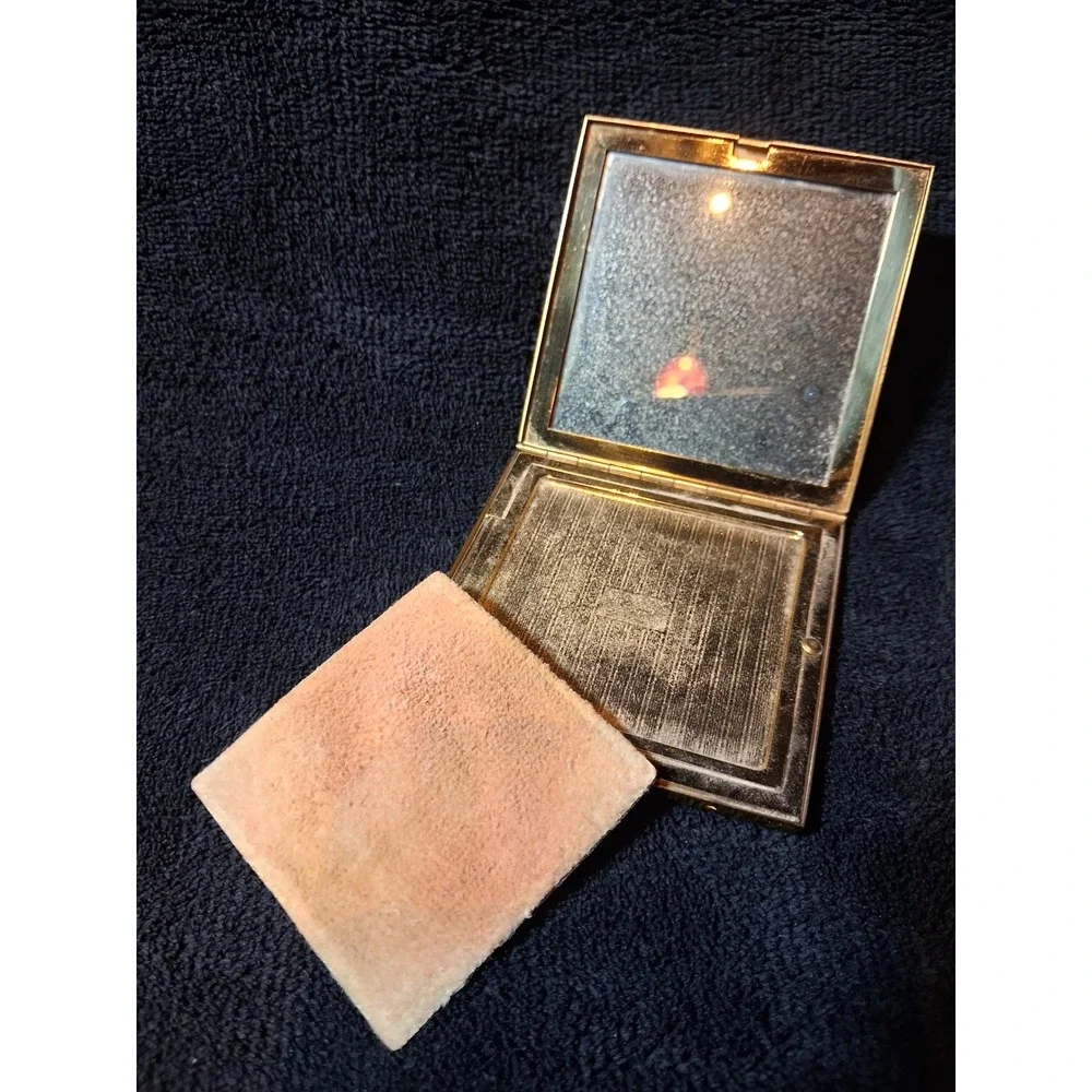 Vintage Elgin American Gold Tone Floral Etched Square Makeup Compact Mirror